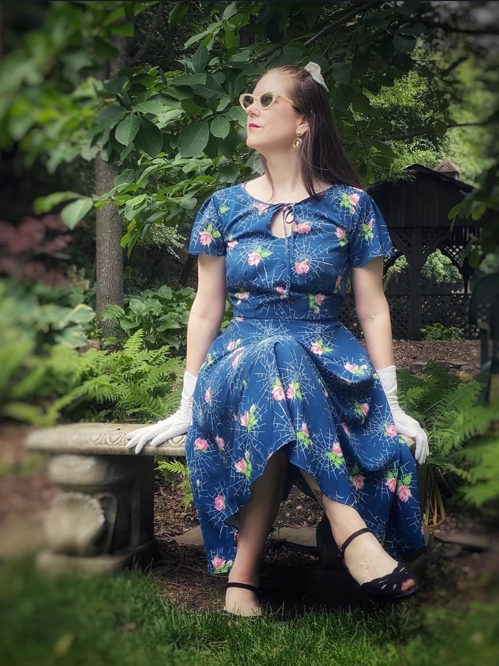 Rare Unique Vintage Spiderweb Roses Navy Blue Flare Dress - Picture 3 of 15